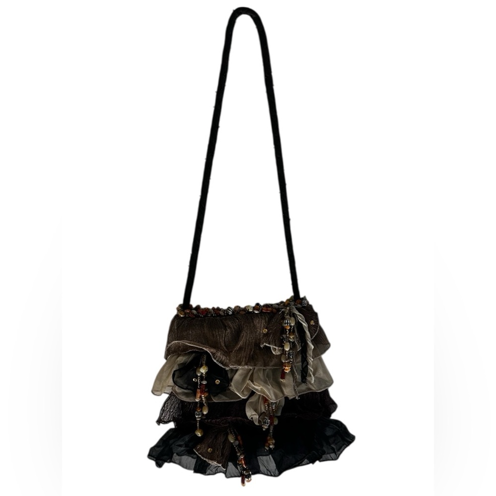 Mary Frances Boho tiered Ruffle designer brown black beige Handbag Beaded VTG - Picture 4 of 6